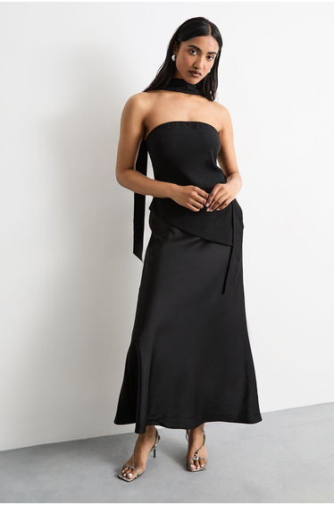 Strapless Structured Bodice Satin Midi Dress