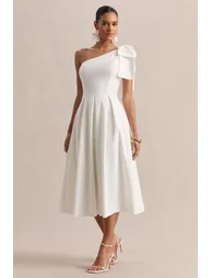 Meria | White Asymmetric-Neck Midi Dress With Bow-Sleeve - 3