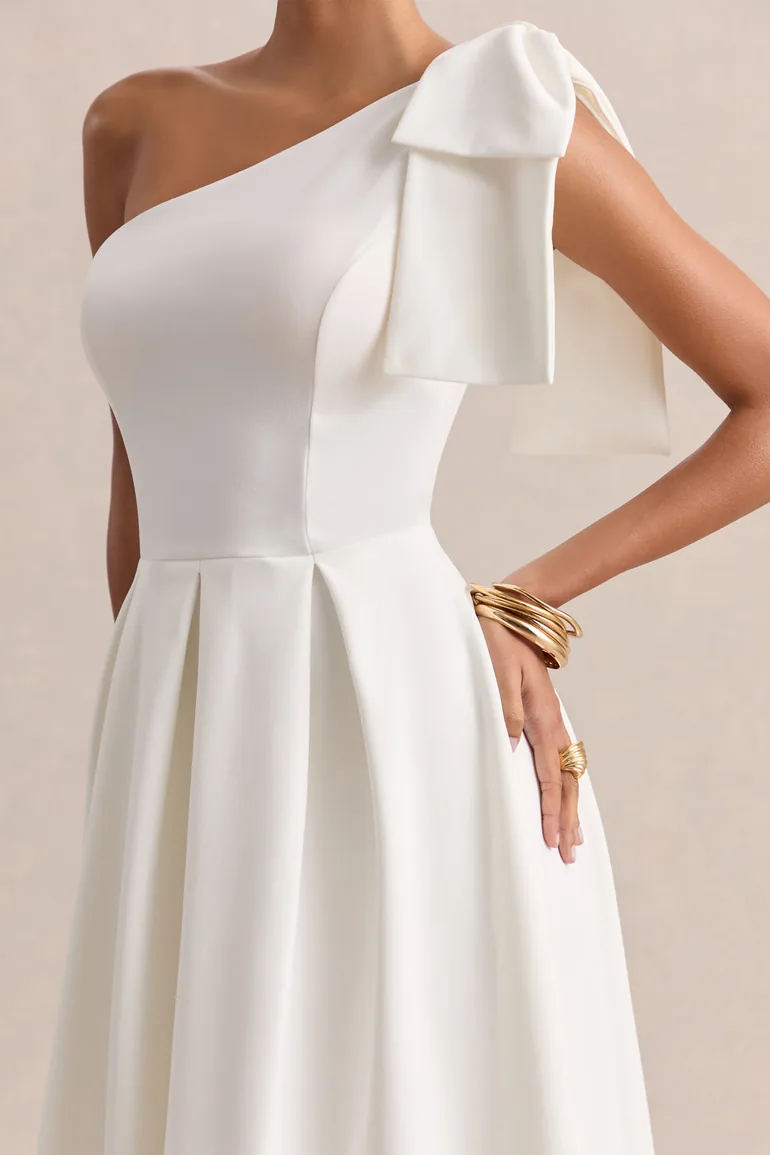 Meria | White Asymmetric-Neck Midi Dress With Bow-Sleeve - 2