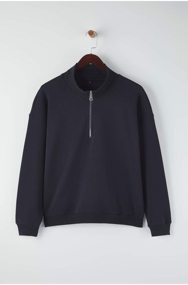 Navy Blue Zippered Collar Regular Size Plus Size Sweatshirt