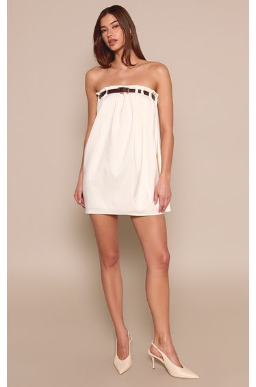 Cream Bandeau Belt Detail Shift Dress