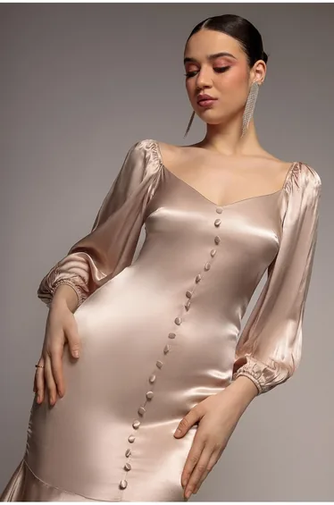 Goddiva Satin Viscose Front Buttoned Dipped Hem - Champagne