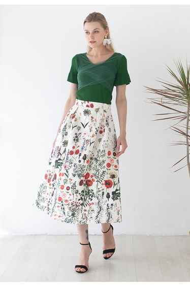 Multi Floral Print Embossed Midi Skirt