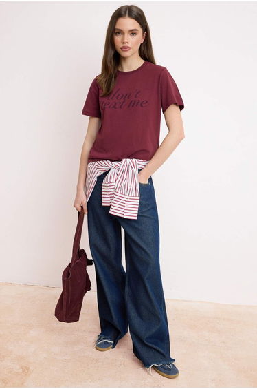 Burgundy Slogan Regular/Normal Fit Short Sleeve 100% Cotton Knitted T-Shirt