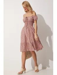 Women's Tile Carmen Collar Floral Knitted Summer Dress - 3