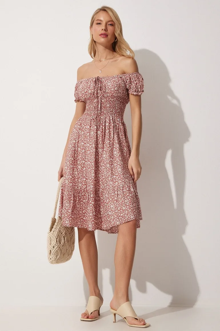 Women's Tile Carmen Collar Floral Knitted Summer Dress - 2