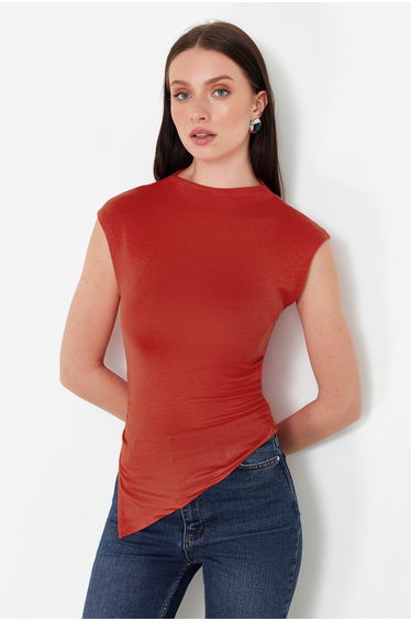 Red High Neck Short Sleeve Gathered/Drape Detail Asymmetric Knitted Top