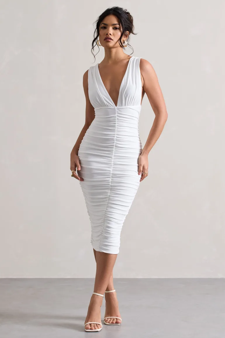 plunge open-back midaxi dress in white Plunge Open-Back Midaxi Dress in White