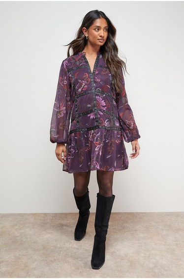 Printed Embellished Trim Detail Chiffon Mini Dress