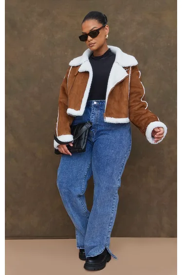 Plus Brown Borg Lined Faux Suede Super Cropped Aviator