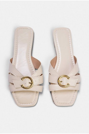 Beige Gold Buckle Detailed Women's Slippers