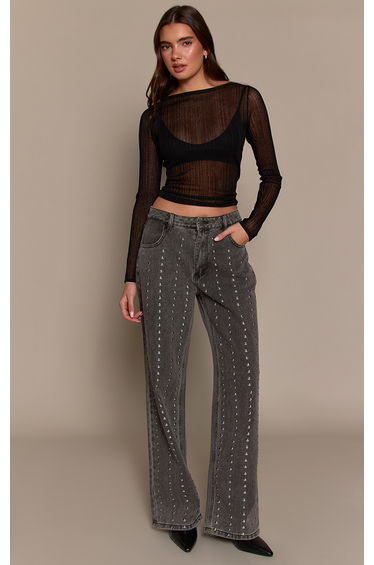 Washed Grey Studded High Waisted Denim Jeans