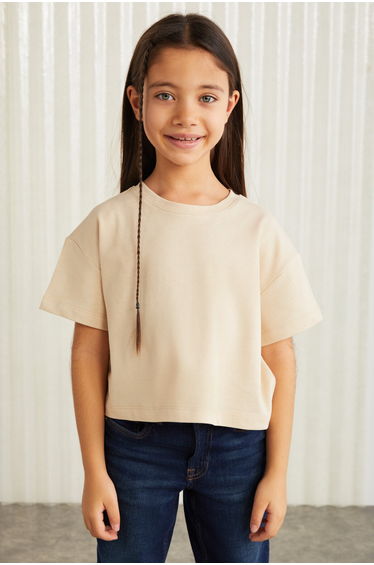 trim label girls kids short sleeve tshirt kids tshirt Beige T-Shirt
