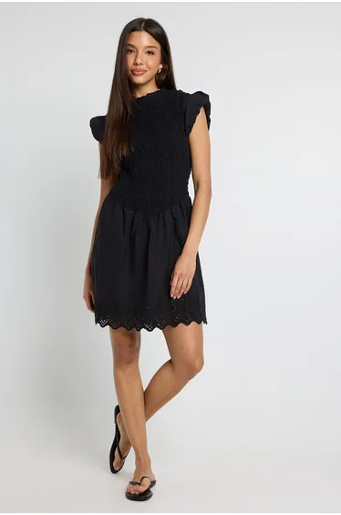 Shirred Body Mini Dress With Broderie Hem - black