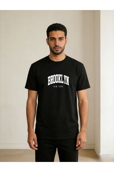 Men Black Brooklyn Text Print T-Shirt