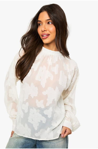 Burnout Floral Pleated Blouse - ivory