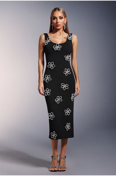Viane Sleeveless Diamond Flowers Bandage Midi Dress