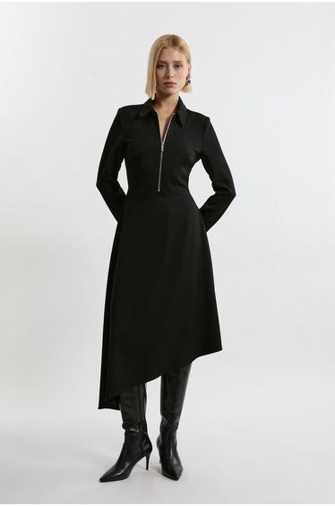 Technical Crepe Tailored Metal Zipp Detail High Low Midi Dress