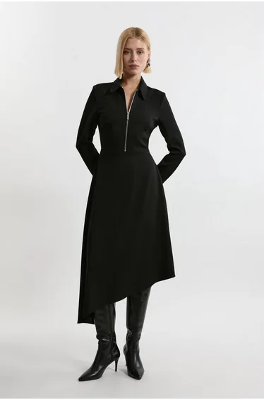 Technical Crepe Tailored Metal Zipp Detail High Low Midi Dress