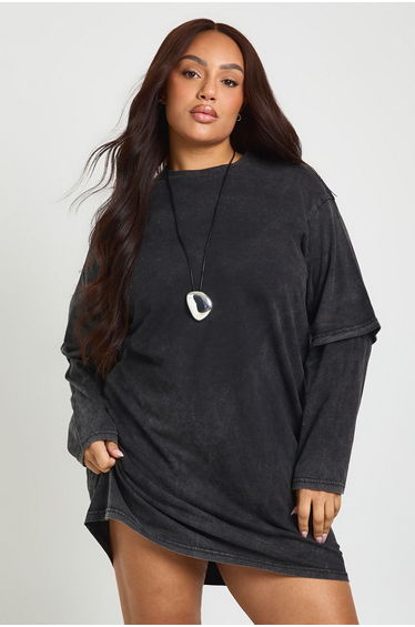 Plus Acid Wash 2-1 Layered T-Shirt Dress - charcoal