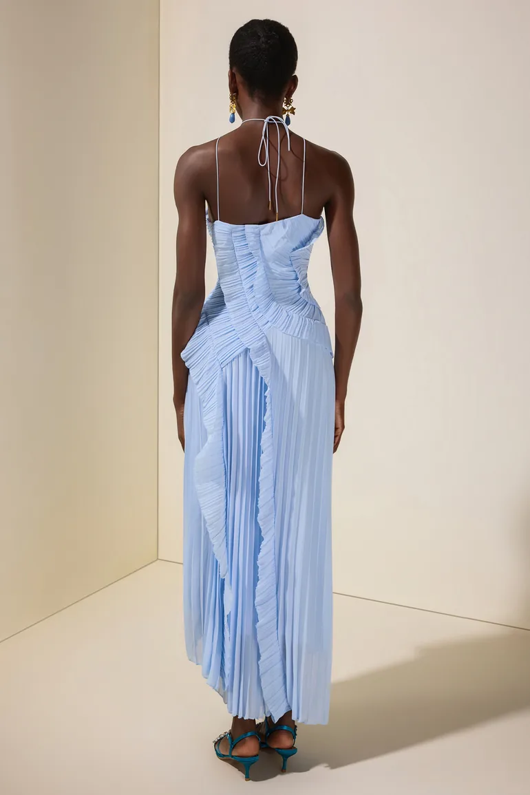 pleated frill halter neck midi dress Pleated Frill Halter Neck Midi Dress JardinVue Blue : Evening Dresses :  VogaCloset Kazakhstan