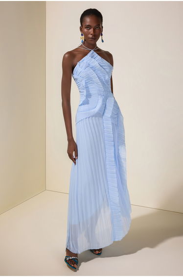 Pleated Frill Halter Neck Midi Dress