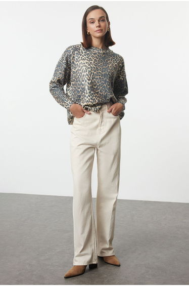 Black Leopard Pattern Printed Crew Neck Knitwear Sweater