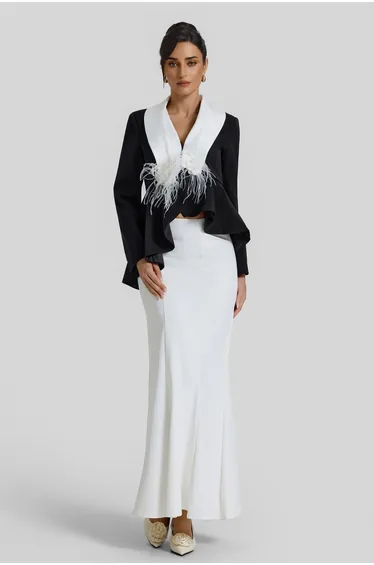 Contrast Color Feather Top & High Waist Midi Skirt Set