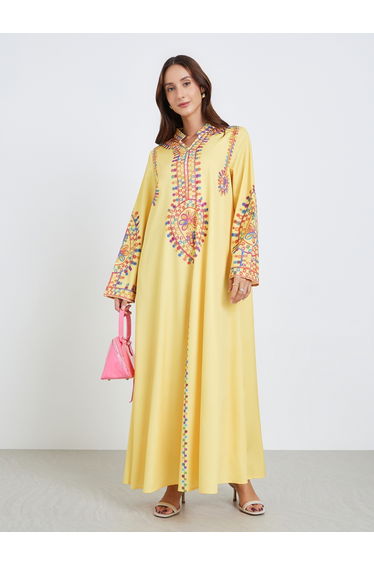 Women Yellow Embroidered Maxi Jalabiya