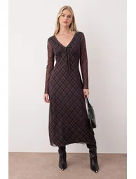 Multicolored Plaid Printed Tie Detail Maxi Knit Dress