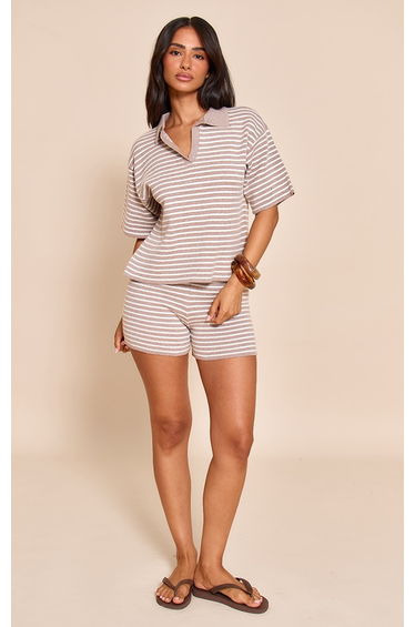 Petite Taupe Stripe Knitted Fitted Shorts
