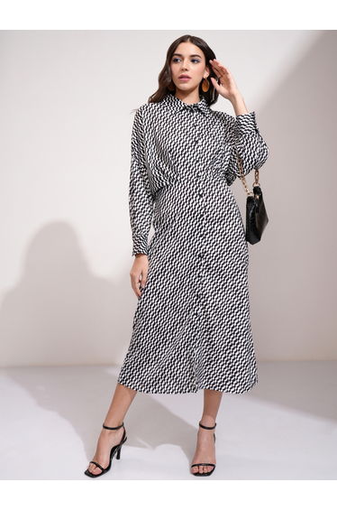 All Over Print Shirt Midi Dress with Button Placket