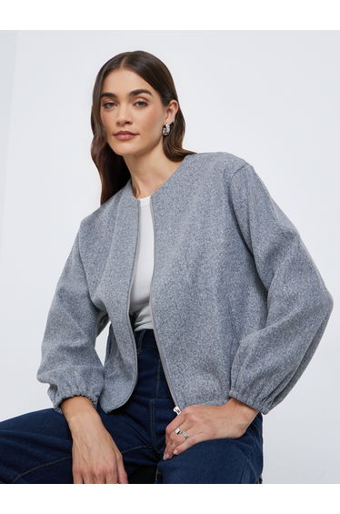 Women Grey Boxy Fit Bomber Jacket