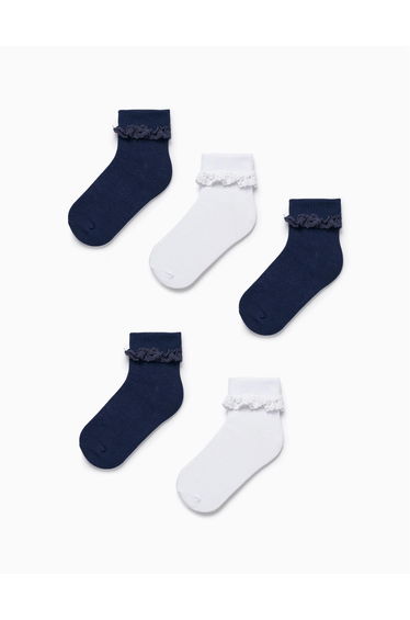 Pack of 5 Pairs of Socks with Crochet for Girls, White/Blue
