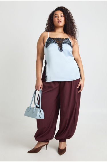 Plus Satin Cami Top With Lace Trim - baby blue
