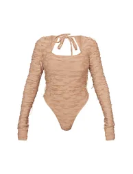 Taupe Textured Distressed Jersey Open Back Bodysuit - 4