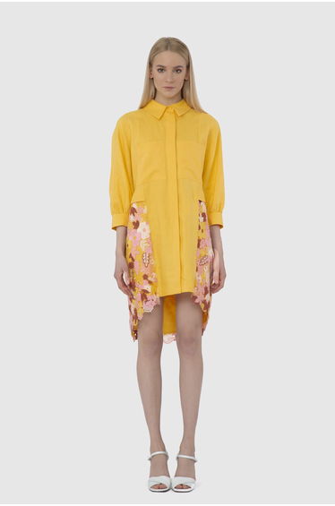 Floral Embroidered Detailed Yellow Shirt Dress