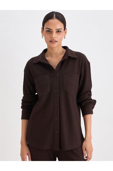 Women Coffee Brown Waffle Knit Button Down Shirt