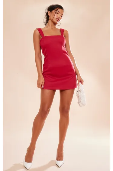 Red Twill Cut Out Bow Shift Dress