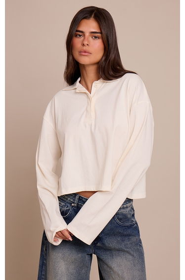 Cream Cotton Polo Collar Long Sleeve Cropped Top