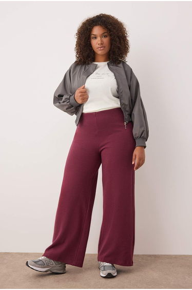 Burgundy Knitwear High Waist Straight Fit Elastic Waist Knitted Plus Size Trousers