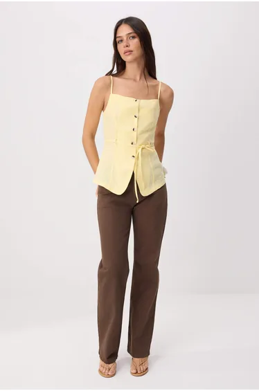 Light Yellow 100% Linen Slim Belted Fitted Y Vest