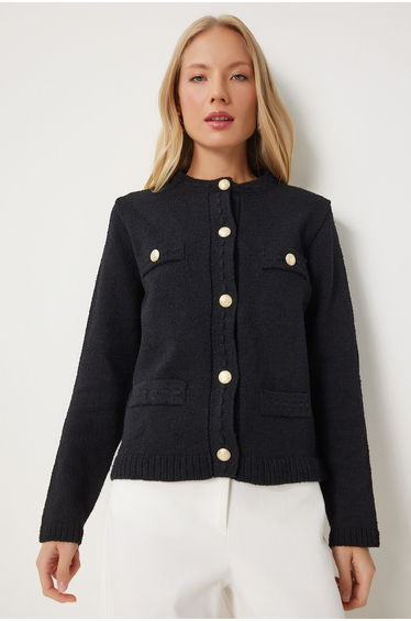 Women's Black Stylish Buttoned Textured Knitwear Cardigan