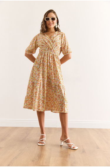 Women's Yellow Orange Elastic Waist Double Breasted Collar Woven Viscose Dress