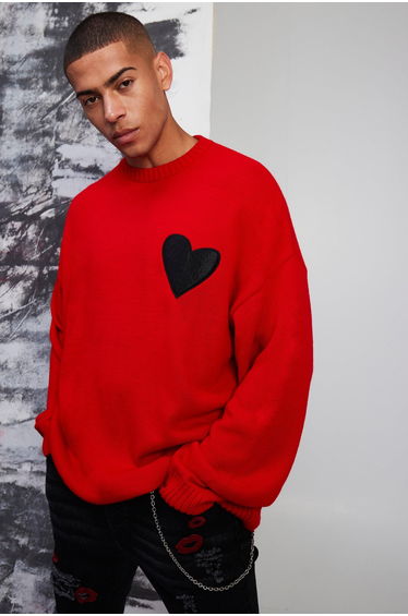 Oversized Distressed Hem And Heart Detail Jumper - red