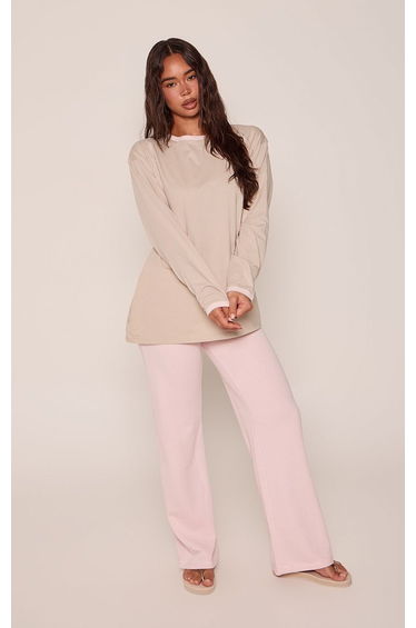 Oatmeal Cotton Contrast Cuff Long Sleeve Oversized Tshirt