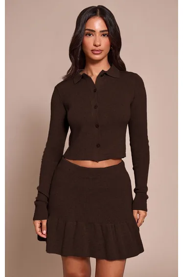 Petite Chocolate Brown  Knitted Button Up Cardigan