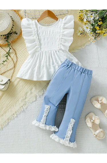 Girl Textured Ruffle Hem Top with Lace Insert Pants Set