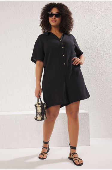 Black Regular Fit Muslin Woven Fabric 100% Cotton Beachwear Plus Size Jumpsuit