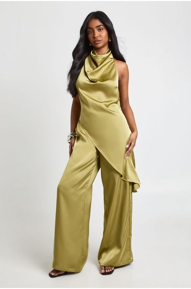 Satin Drawstring Waist Wide Leg Trousers - olive